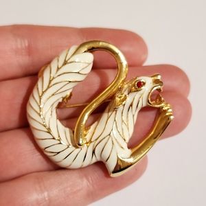 Vintage Gold and White Enamel Tiger Brooch